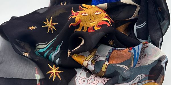 Sciarpa nera trasparente con disegni di astrologia
