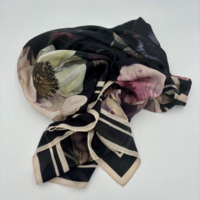 Black and beige scarf with watercolour flowers