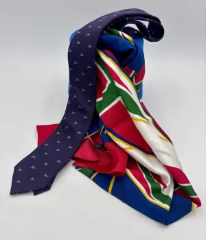 Cravatta blu e foulard multicolor